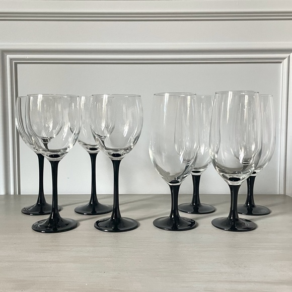 1990s Cristal d'Arques Black Stem Drinkware Set - Set of 8 - Picture 2 of 13